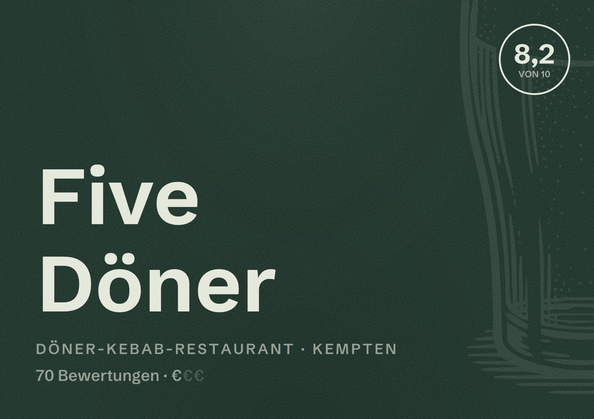 Illustriertes Poster von Five Döner, Döner-Kebab-Restaurant in Kempten: Bewertung 8,2 von 10 aus 70 Bewertungen, Preisniveau €