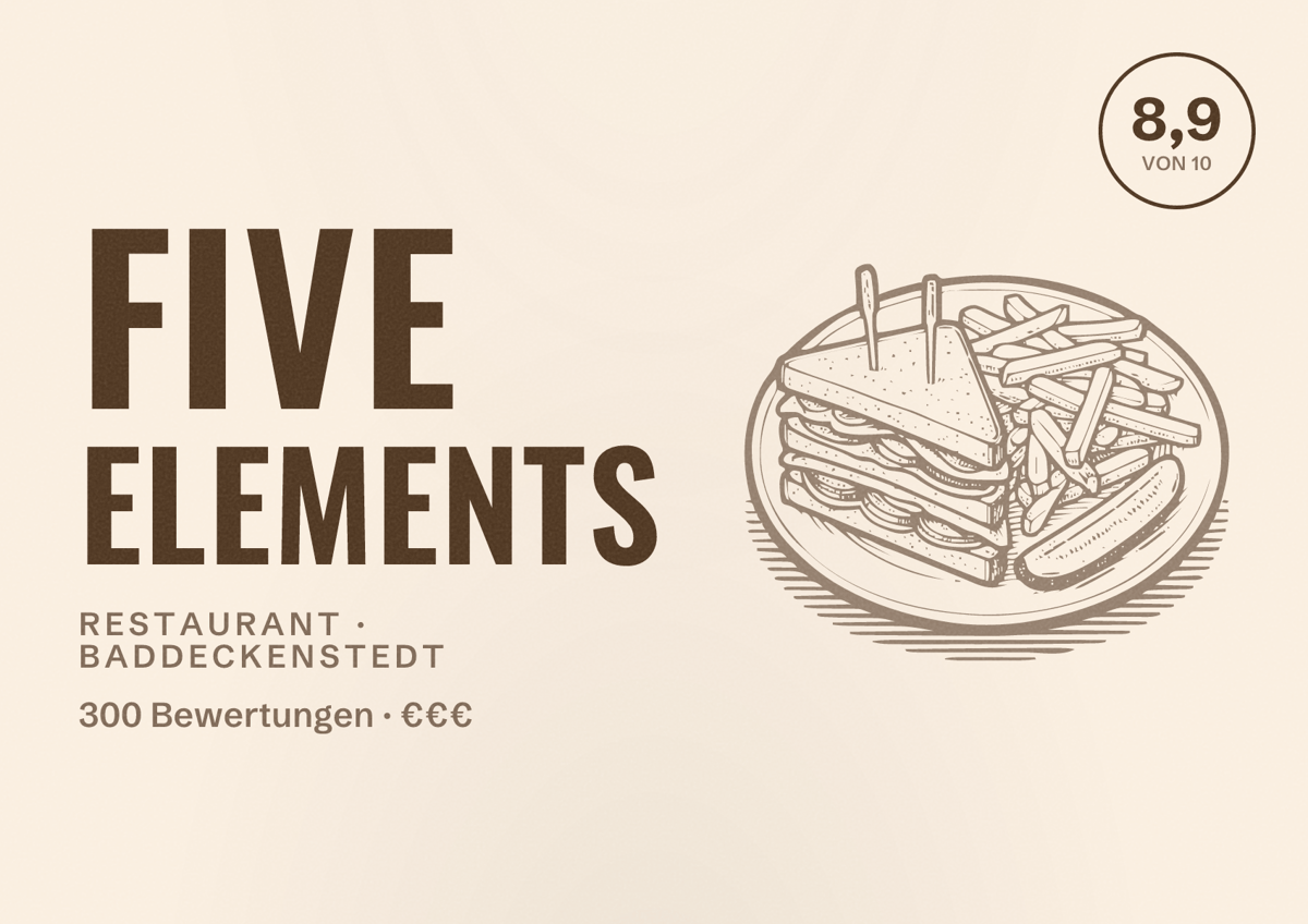 Illustriertes Poster von five elements, Restaurant in Baddeckenstedt: Bewertung 8,9 von 10 aus 300 Bewertungen, Preisniveau €€€