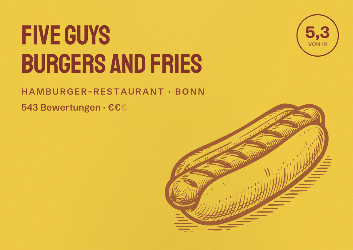 Illustriertes Poster von Five Guys Burgers and Fries, Hamburger-Restaurant in Bonn: Bewertung 5,3 von 10 aus 543 Bewertungen, Preisniveau €€