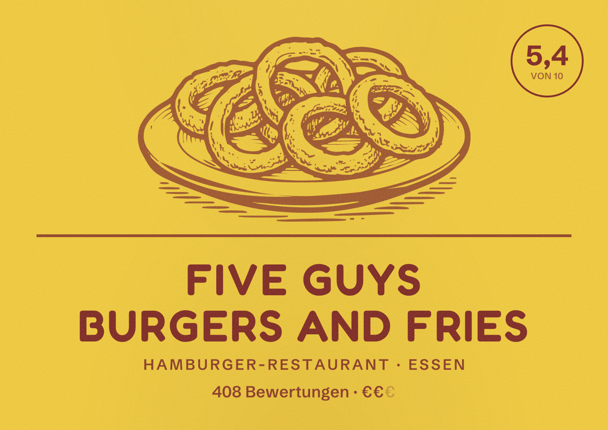Illustriertes Poster von Five Guys Burgers and Fries, Hamburger-Restaurant in Essen: Bewertung 5,4 von 10 aus 408 Bewertungen, Preisniveau €€