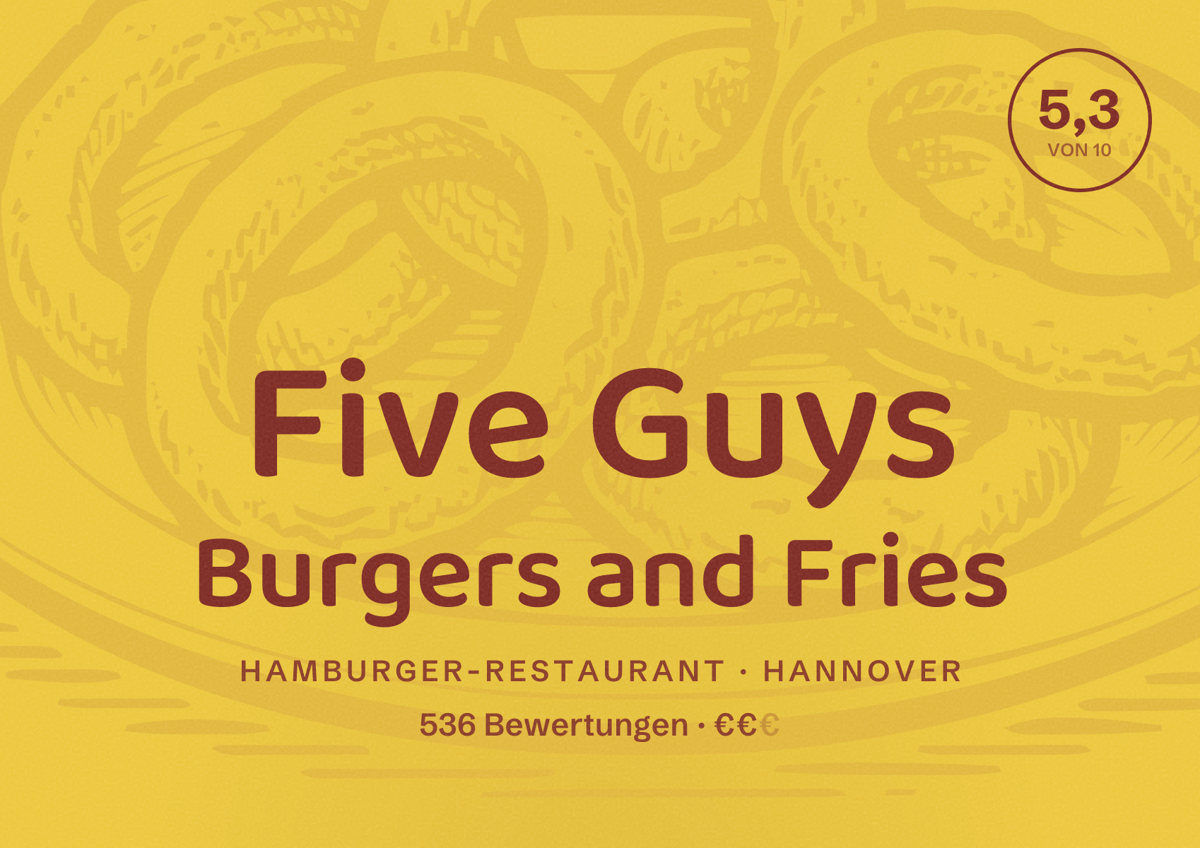 Illustriertes Poster von Five Guys Burgers and Fries, Hamburger-Restaurant in Hannover: Bewertung 5,3 von 10 aus 536 Bewertungen, Preisniveau €€