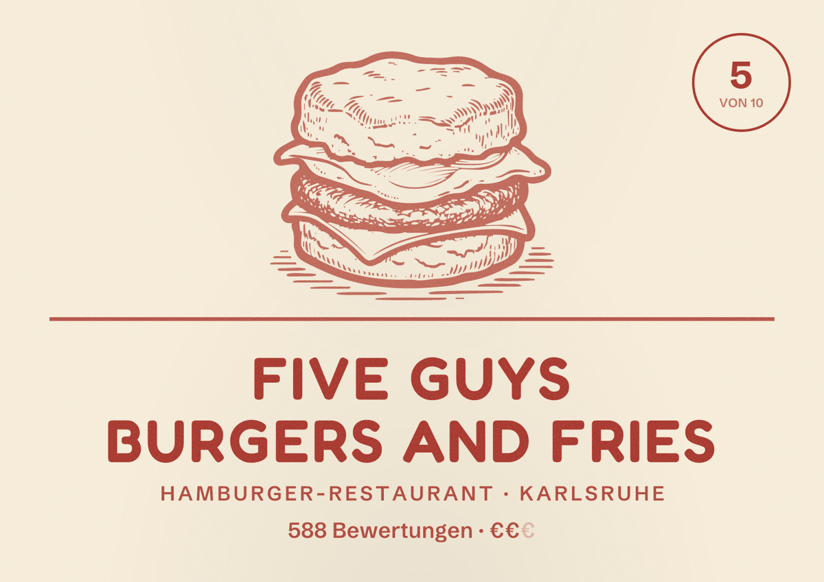 Illustriertes Poster von Five Guys Burgers and Fries, Hamburger-Restaurant in Karlsruhe: Bewertung 5 von 10 aus 588 Bewertungen, Preisniveau €€