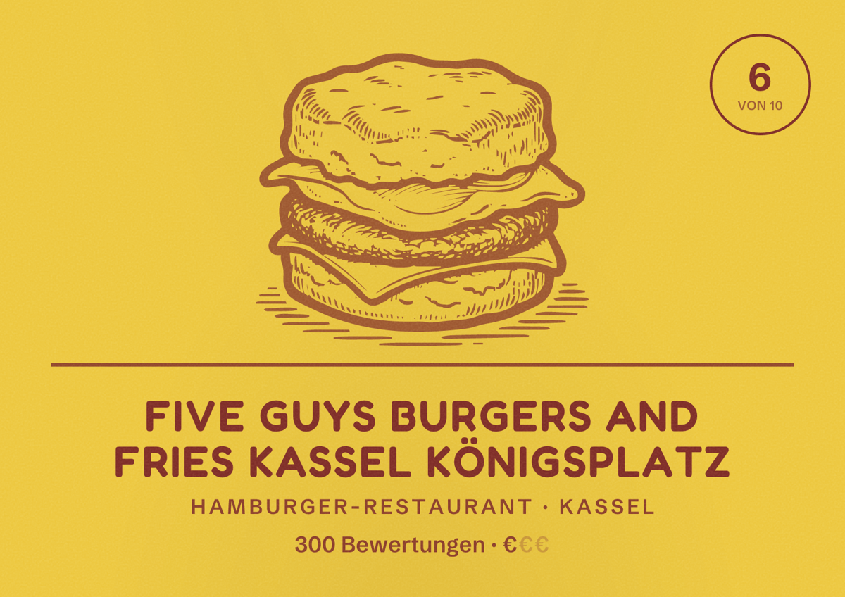 Illustriertes Poster von Five Guys Burgers and Fries Kassel Königsplatz, Hamburger-Restaurant in Kassel: Bewertung 6 von 10 aus 300 Bewertungen, Preisniveau €