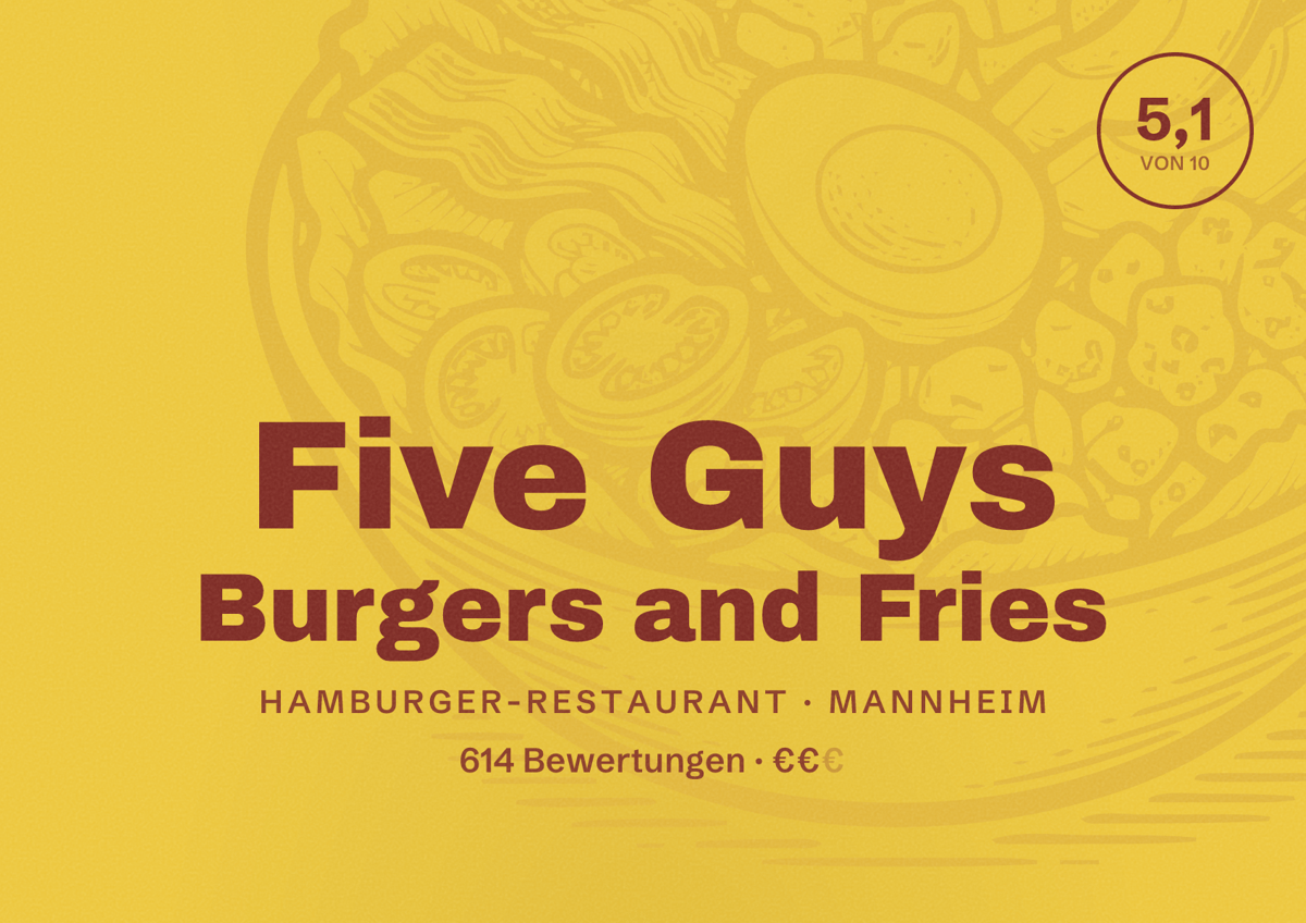 Illustriertes Poster von Five Guys Burgers and Fries, Hamburger-Restaurant in Mannheim: Bewertung 5,1 von 10 aus 614 Bewertungen, Preisniveau €€