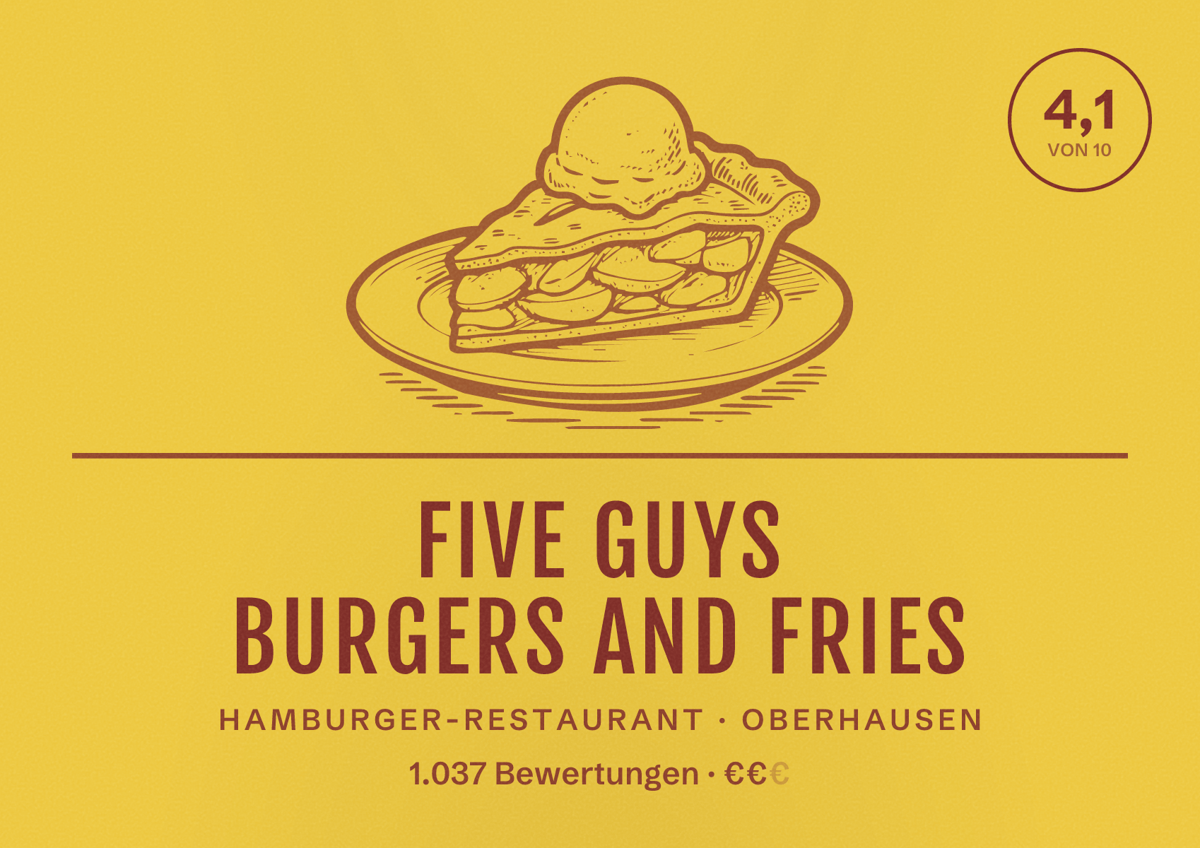 Illustriertes Poster von Five Guys Burgers and Fries, Hamburger-Restaurant in Oberhausen: Gästebewertung 4,1 von 10 aus 1.037 Bewertungen