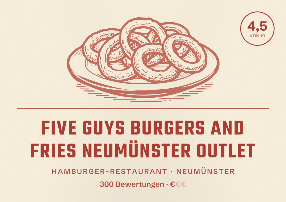 Illustriertes Poster von Five Guys Burgers and Fries Neumünster Outlet, Hamburger-Restaurant in Neumünster: Bewertung 4,5 von 10 aus 300 Bewertungen, Preisniveau €