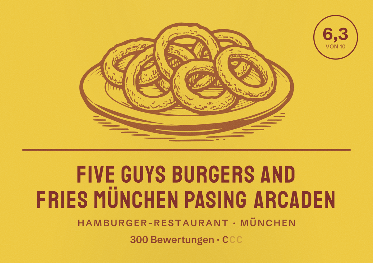 Illustriertes Poster von Five Guys Burgers and Fries München Pasing Arcaden, Hamburger-Restaurant in München: Bewertung 6,3 von 10 aus 300 Bewertungen, Preisniveau €