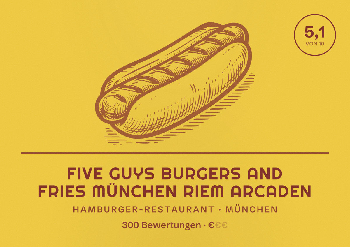 Illustriertes Poster von Five Guys Burgers and Fries München Riem Arcaden, Hamburger-Restaurant in München: Bewertung 5,1 von 10 aus 300 Bewertungen, Preisniveau €