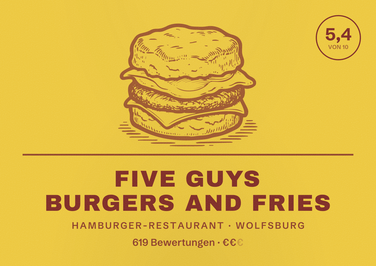 Illustriertes Poster von Five Guys Burgers and Fries, Hamburger-Restaurant in Wolfsburg: Bewertung 5,4 von 10 aus 619 Bewertungen, Preisniveau €€