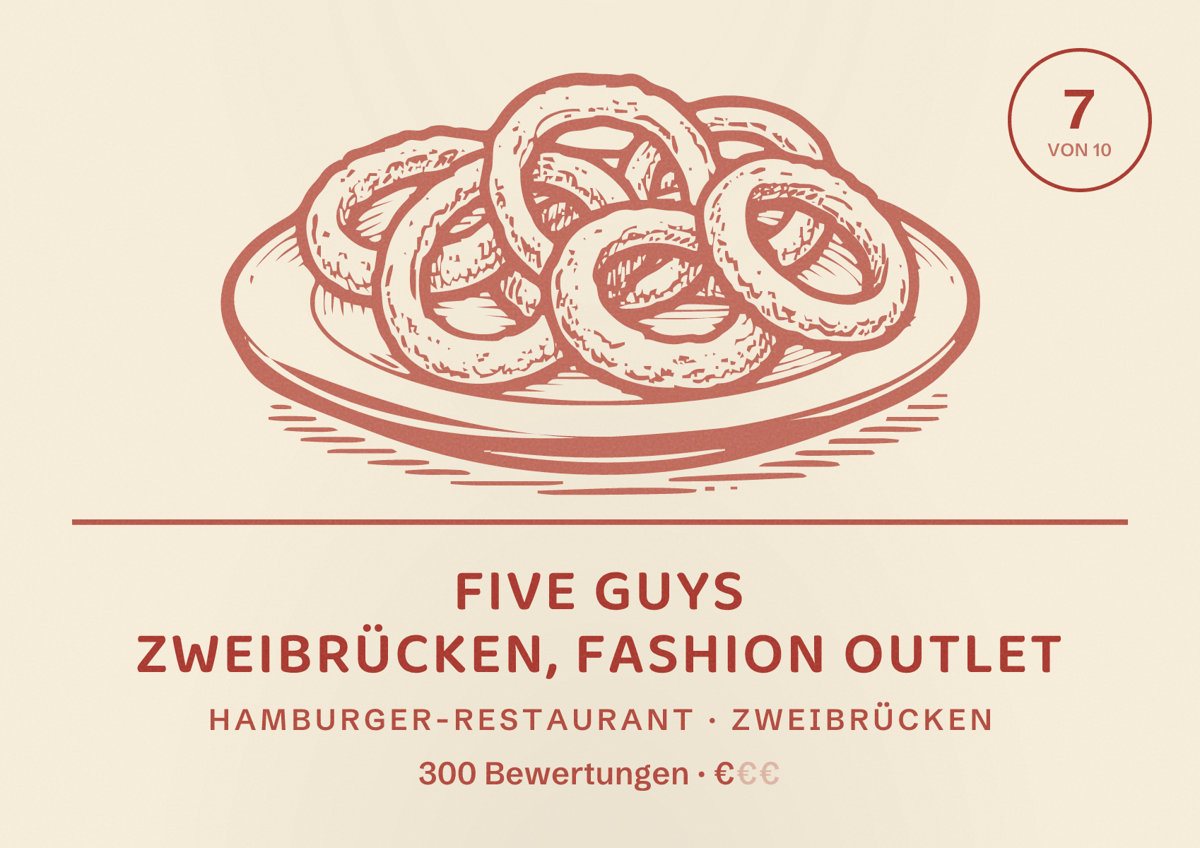 Illustriertes Poster von Five Guys Zweibrücken, Fashion Outlet, Hamburger-Restaurant in Zweibrücken: Bewertung 7 von 10 aus 300 Bewertungen, Preisniveau €