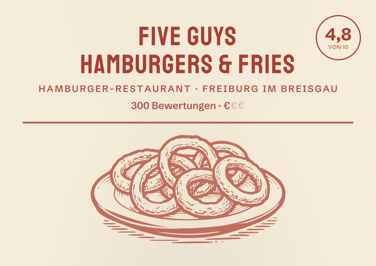 Illustriertes Poster von Five Guys Hamburgers & Fries, Hamburger-Restaurant in Freiburg im Breisgau: Bewertung 4,8 von 10 aus 300 Bewertungen, Preisniveau €