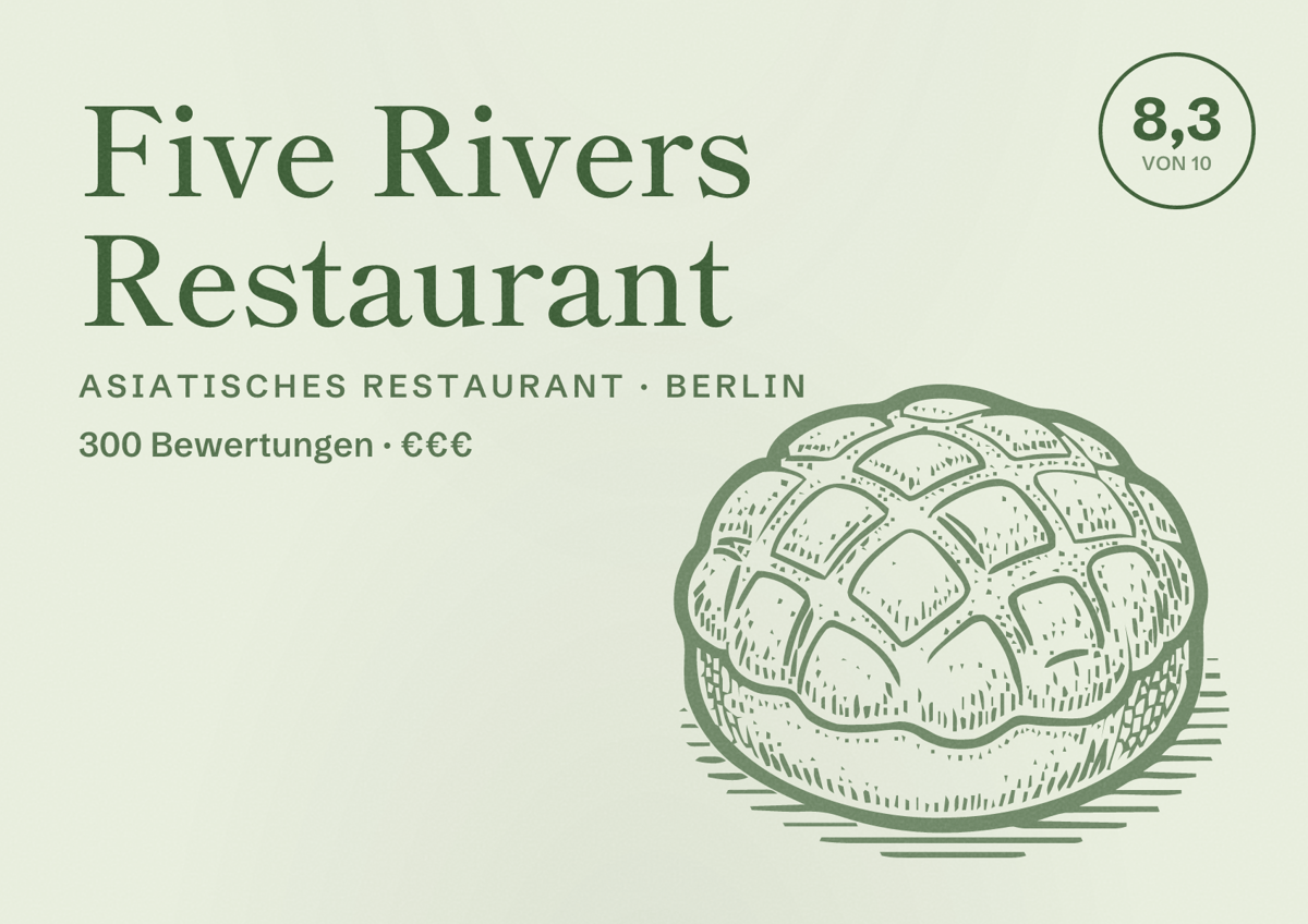 Illustriertes Poster von Five Rivers Restaurant, Asiatisches Restaurant in Berlin: Bewertung 8,3 von 10 aus 300 Bewertungen, Preisniveau €€€