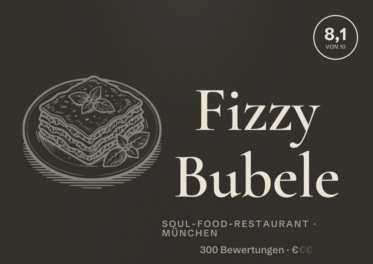 Illustriertes Poster von Fizzy Bubele, Soul-Food-Restaurant in München: Bewertung 8,1 von 10 aus 300 Bewertungen, Preisniveau €
