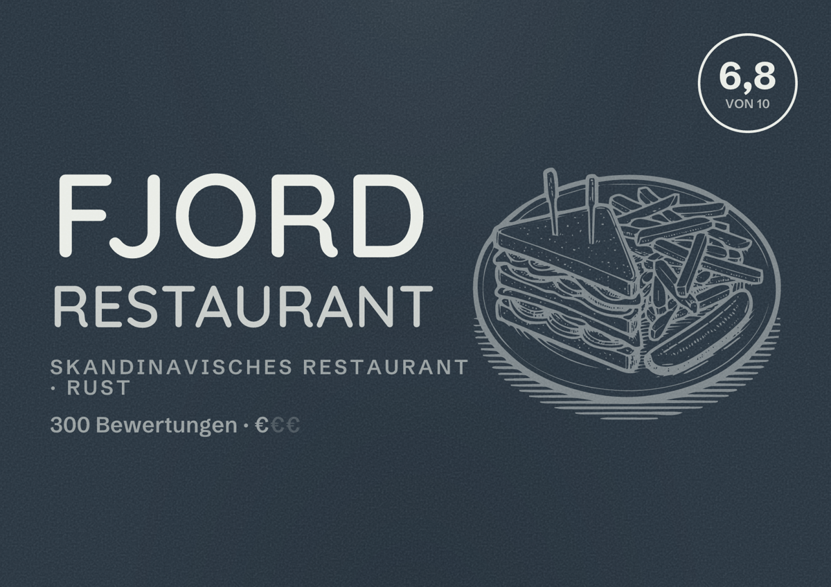 Illustriertes Poster von Fjord Restaurant, Skandinavisches Restaurant in Rust: Bewertung 6,8 von 10 aus 300 Bewertungen, Preisniveau €