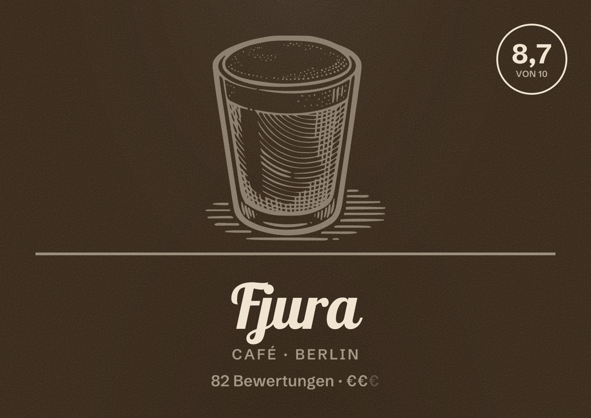 Illustriertes Poster von Fjura, Café in Berlin: Bewertung 8,7 von 10 aus 82 Bewertungen, Preisniveau €€