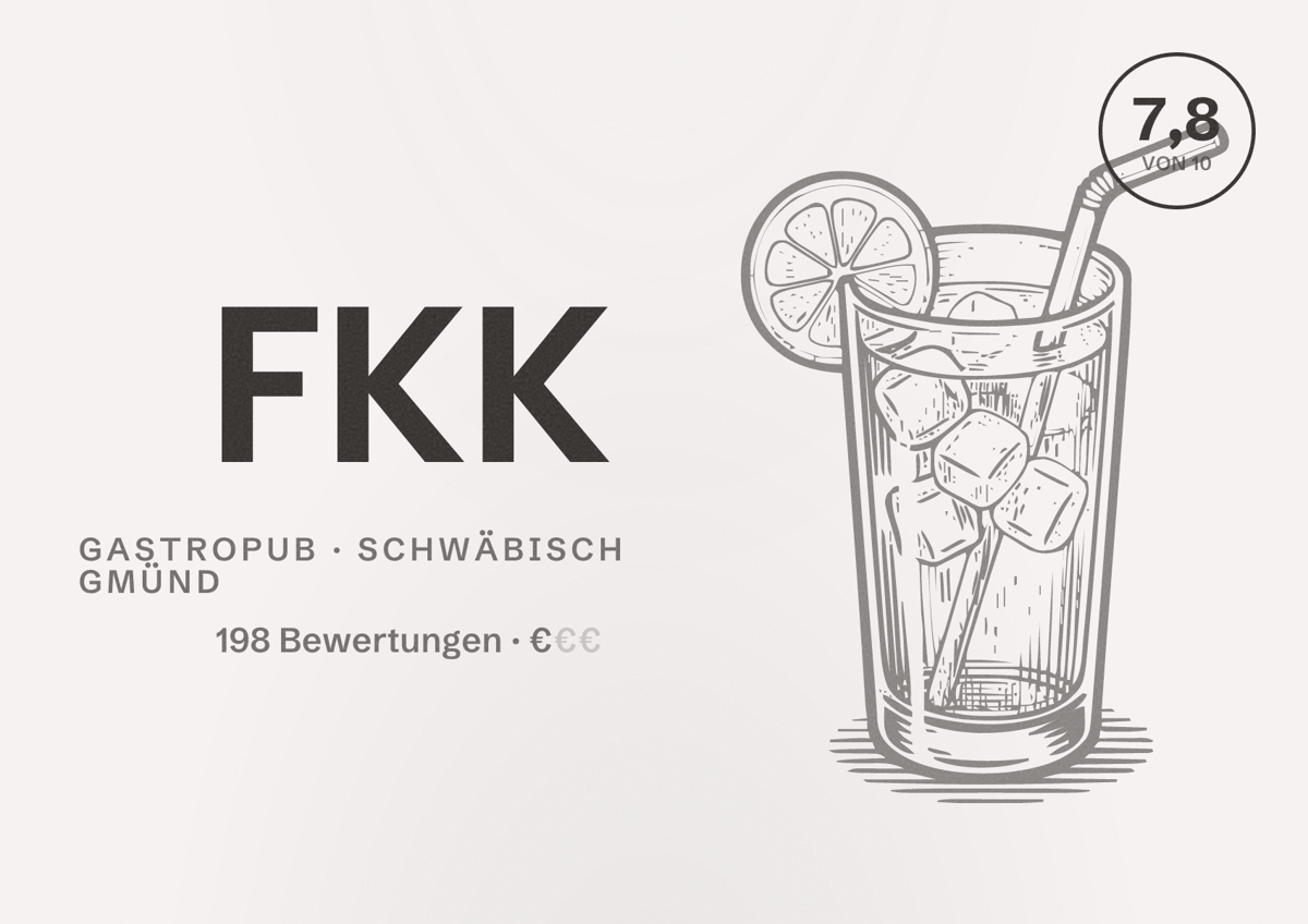 Illustriertes Poster von FKK, Gastropub in Schwäbisch Gmünd: Bewertung 7,8 von 10 aus 198 Bewertungen, Preisniveau €