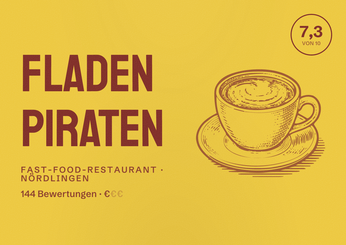 Illustriertes Poster von Fladen Piraten, Fast-Food-Restaurant in Nördlingen: Bewertung 7,3 von 10 aus 144 Bewertungen, Preisniveau €