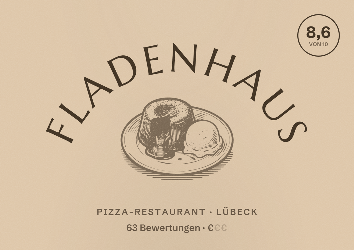 Illustriertes Poster von Fladenhaus, Pizza-Restaurant in Lübeck: Bewertung 8,6 von 10 aus 63 Bewertungen, Preisniveau €