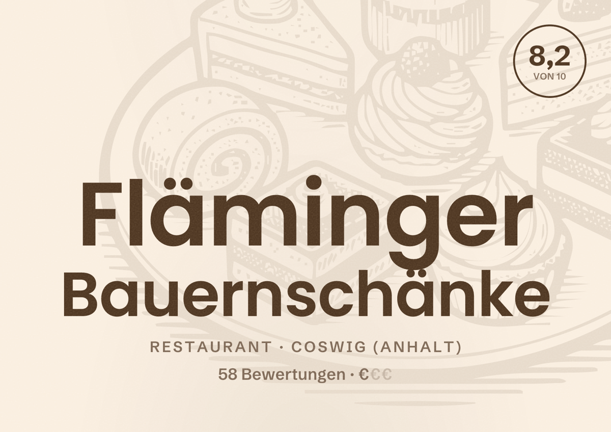Illustriertes Poster von Fläminger Bauernschänke, Restaurant in Coswig (Anhalt): Bewertung 8,2 von 10 aus 58 Bewertungen, Preisniveau €