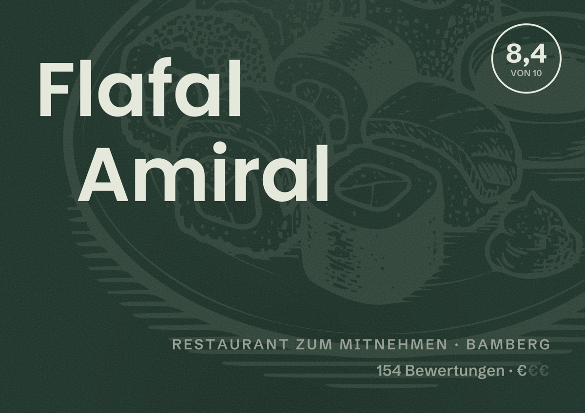 Illustriertes Poster von Flafal Amiral, Restaurant zum Mitnehmen in Bamberg: Bewertung 8,4 von 10 aus 154 Bewertungen, Preisniveau €