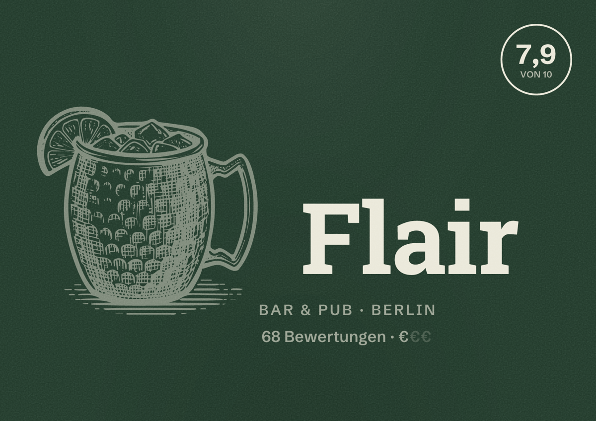 Illustriertes Poster von Flair, Bar & Pub in Berlin: Bewertung 7,9 von 10 aus 68 Bewertungen, Preisniveau €
