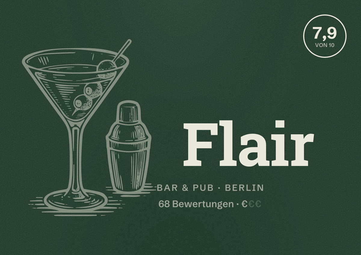 Illustriertes Poster von Flair, Bar & Pub in Berlin: Bewertung 7,9 von 10 aus 68 Bewertungen, Preisniveau €