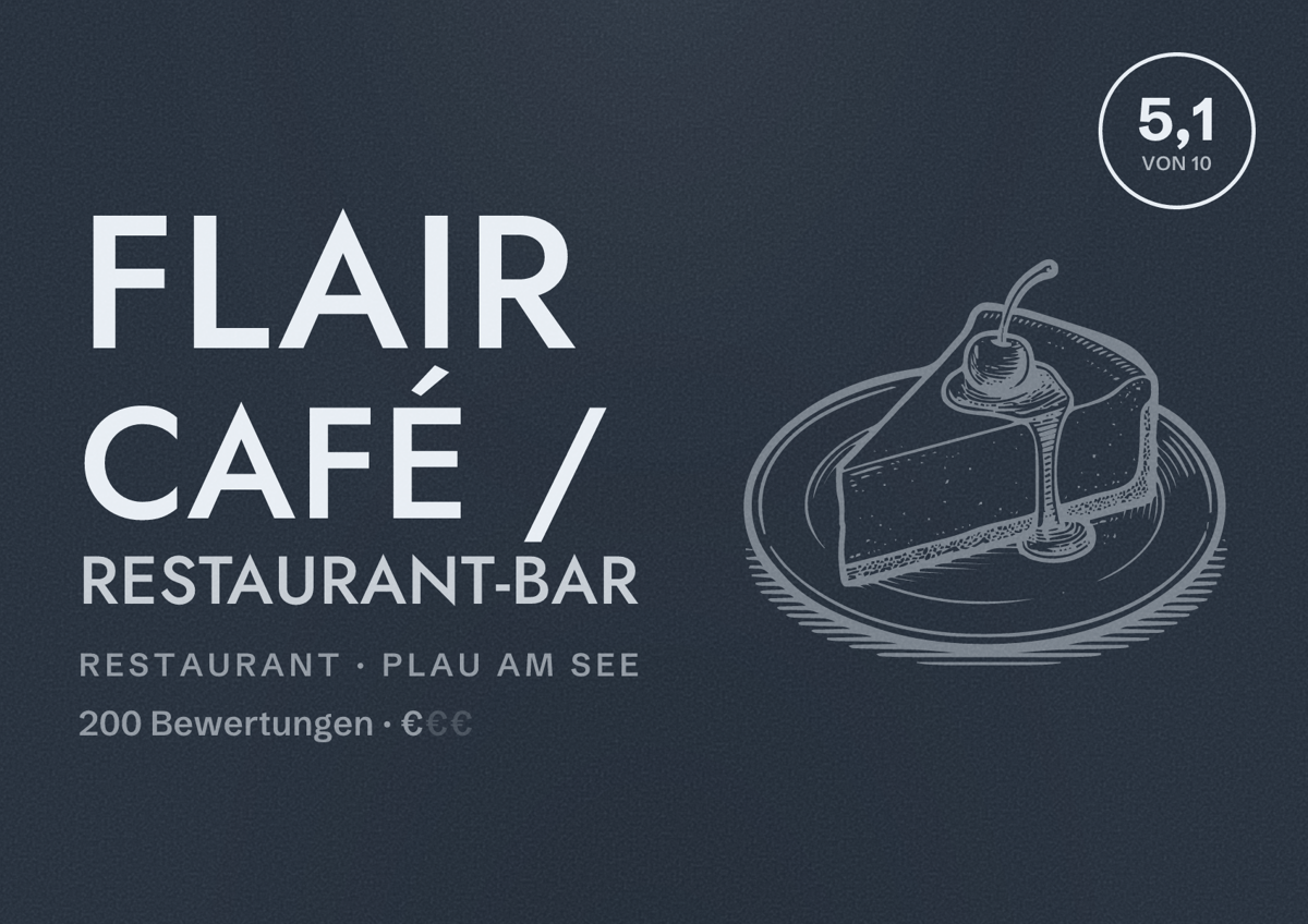 Illustriertes Poster von Flair Café / Restaurant-Bar, Restaurant in Plau am See: Bewertung 5,1 von 10 aus 200 Bewertungen, Preisniveau €