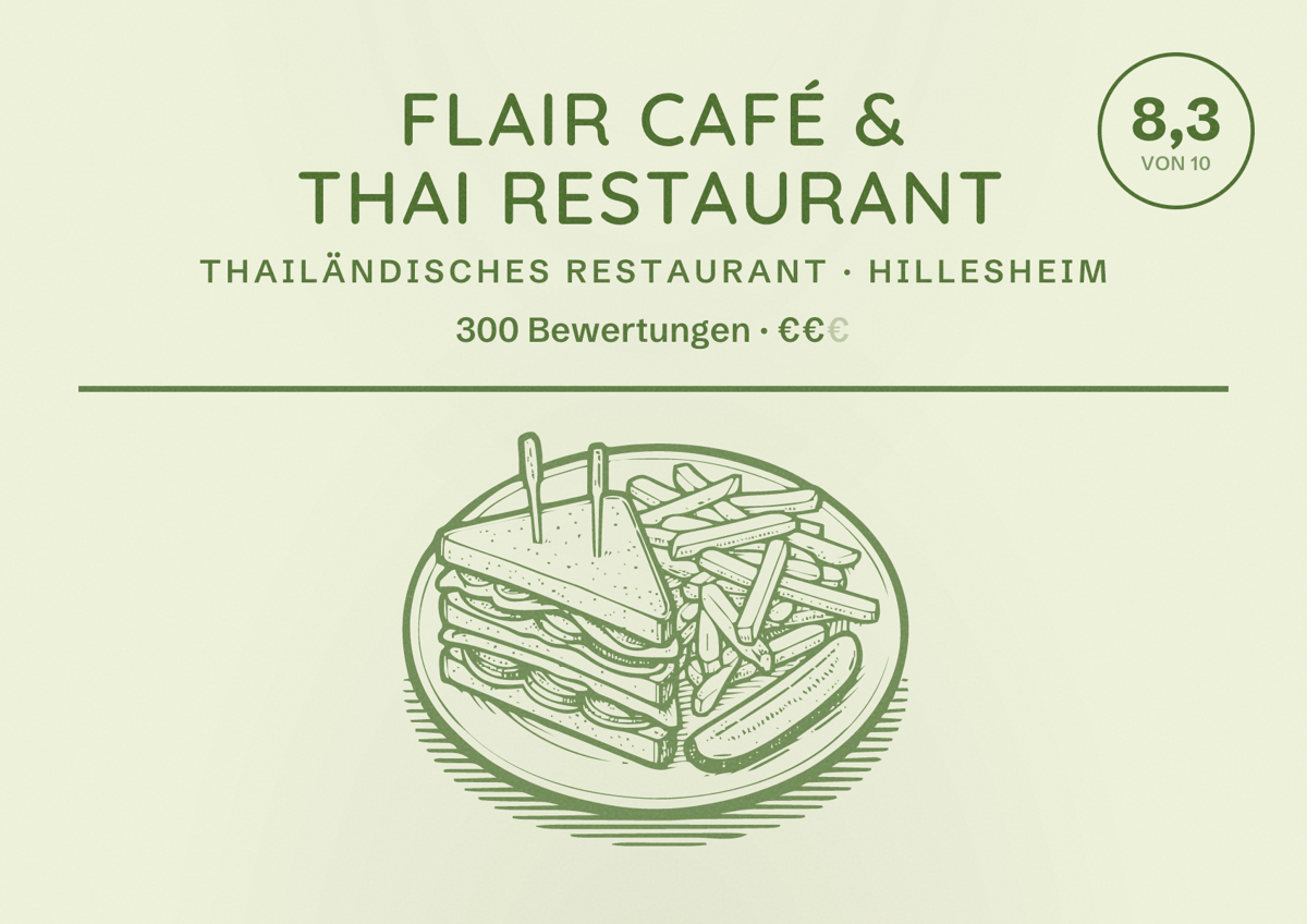 Illustriertes Poster von FLAIR Café & Thai Restaurant, Thailändisches Restaurant in Hillesheim: Bewertung 8,3 von 10 aus 300 Bewertungen, Preisniveau €€