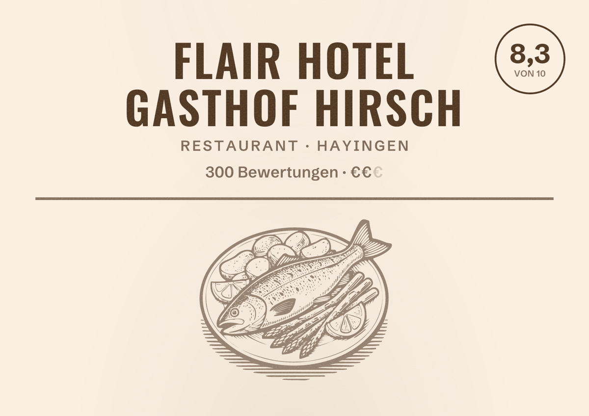 Illustriertes Poster von Flair Hotel Gasthof Hirsch, Restaurant in Hayingen: Bewertung 8,3 von 10 aus 300 Bewertungen, Preisniveau €€