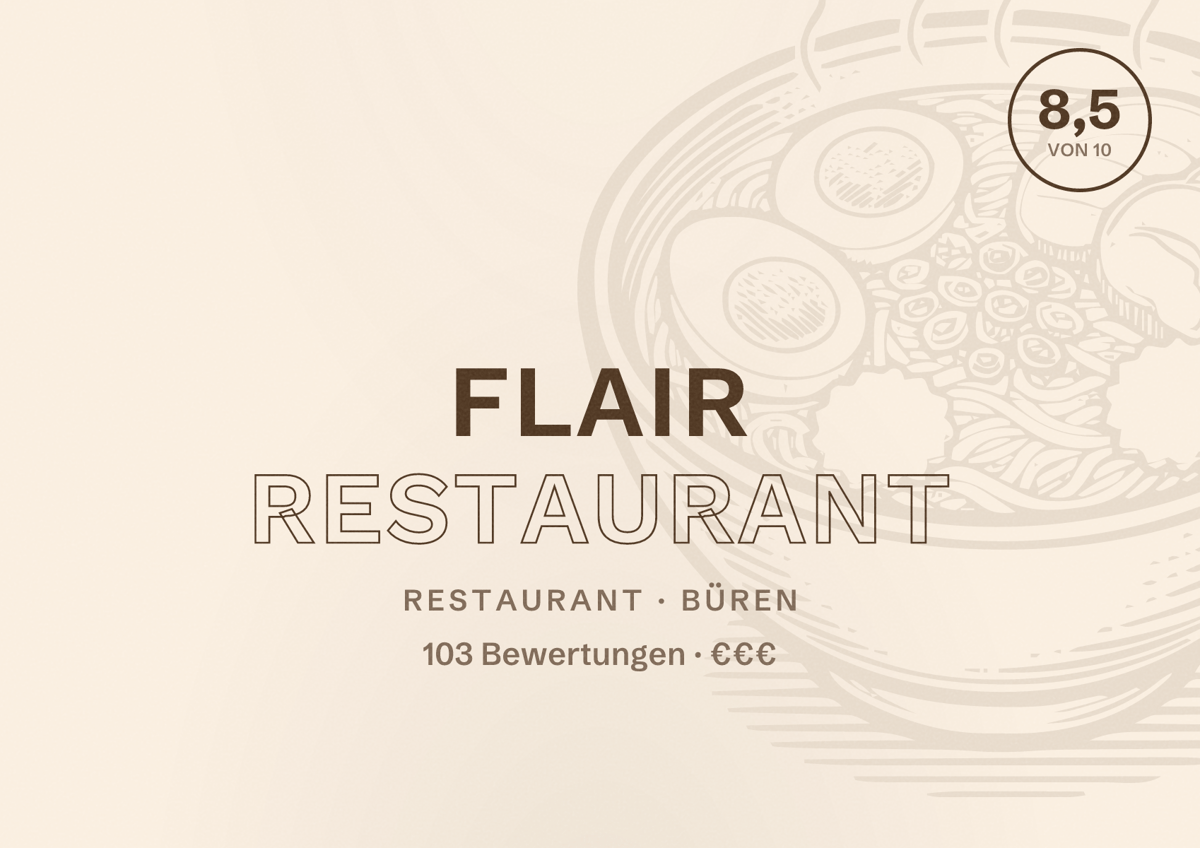 Illustriertes Poster von FLAiR Restaurant, Restaurant in Büren: Bewertung 8,5 von 10 aus 103 Bewertungen, Preisniveau €€€