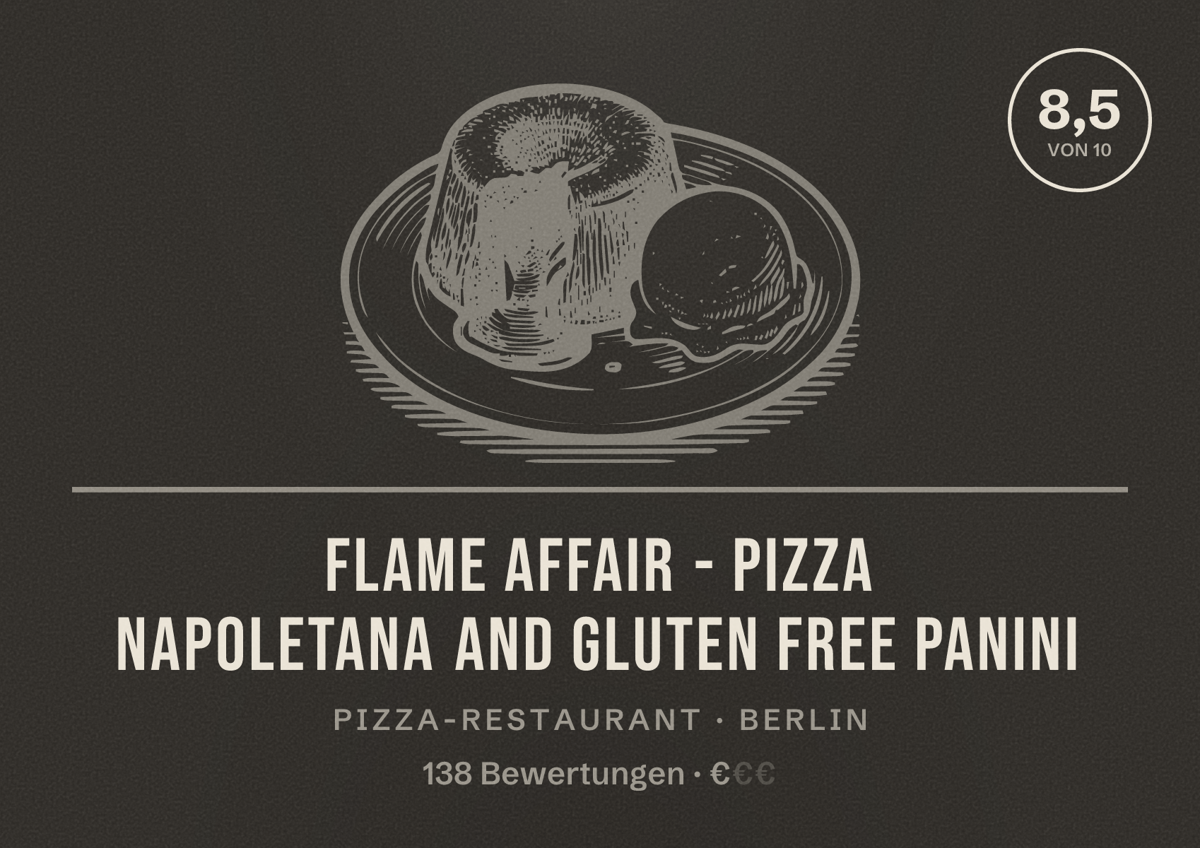 Illustriertes Poster von Flame Affair - Pizza Napoletana and Gluten free Panini, Pizza-Restaurant in Berlin: Bewertung 8,5 von 10 aus 138 Bewertungen, Preisniveau €