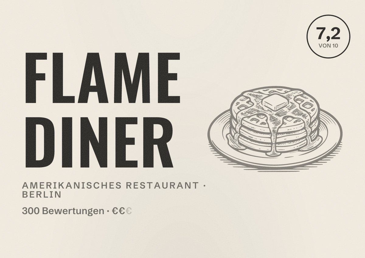 Illustriertes Poster von Flame Diner, Amerikanisches Restaurant in Berlin: Bewertung 7,2 von 10 aus 300 Bewertungen, Preisniveau €€