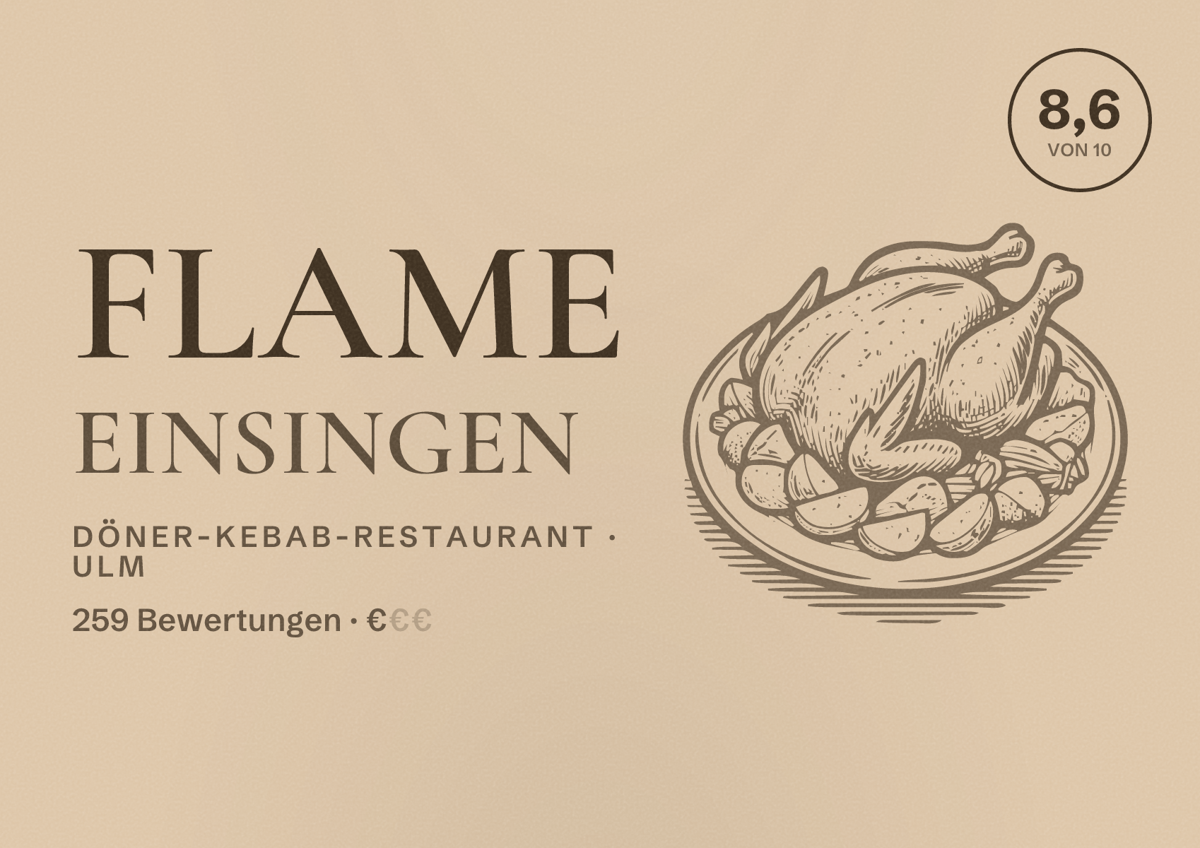 Illustriertes Poster von Flame Einsingen, Döner-Kebab-Restaurant in Ulm: Bewertung 8,6 von 10 aus 259 Bewertungen, Preisniveau €
