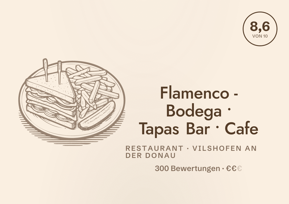 Illustriertes Poster von Flamenco - Bodega • Tapas Bar • Cafe, Restaurant in Vilshofen an der Donau: Bewertung 8,6 von 10 aus 300 Bewertungen, Preisniveau €€