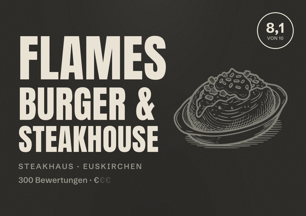 Illustriertes Poster von Flames Burger & Steakhouse, Steakhaus in Euskirchen: Bewertung 8,1 von 10 aus 300 Bewertungen, Preisniveau €
