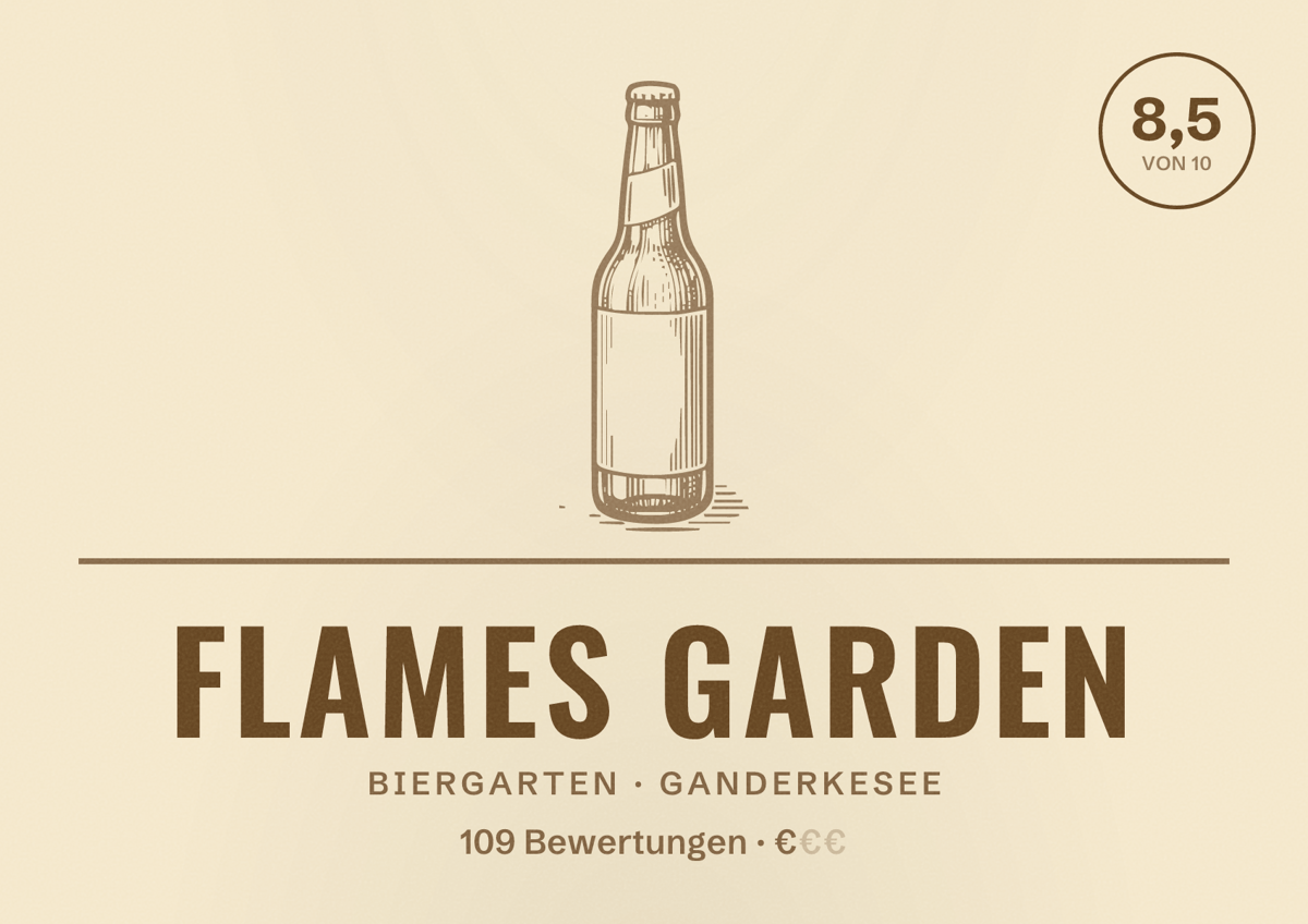 Illustriertes Poster von Flames Garden, Biergarten in Ganderkesee: Bewertung 8,5 von 10 aus 109 Bewertungen, Preisniveau €