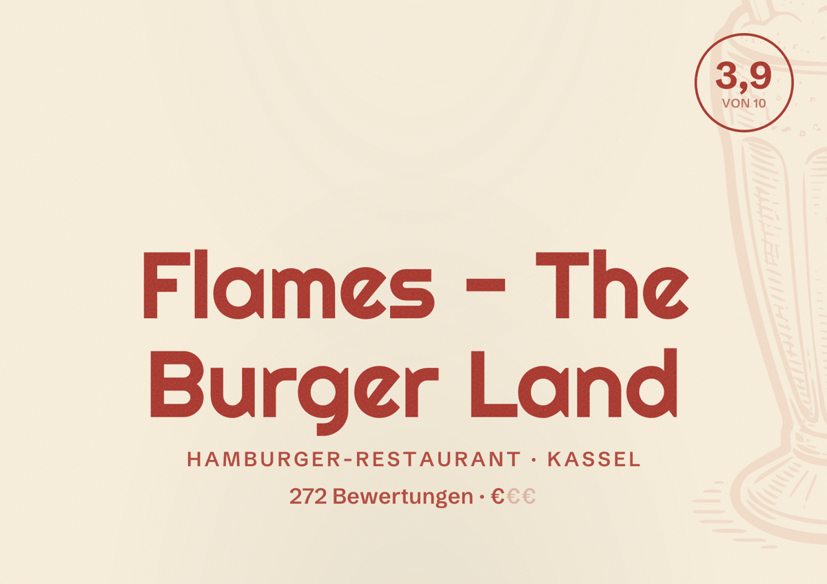 Illustriertes Poster von Flames - The Burger Land, Hamburger-Restaurant in Kassel: Bewertung 3,9 von 10 aus 272 Bewertungen, Preisniveau €