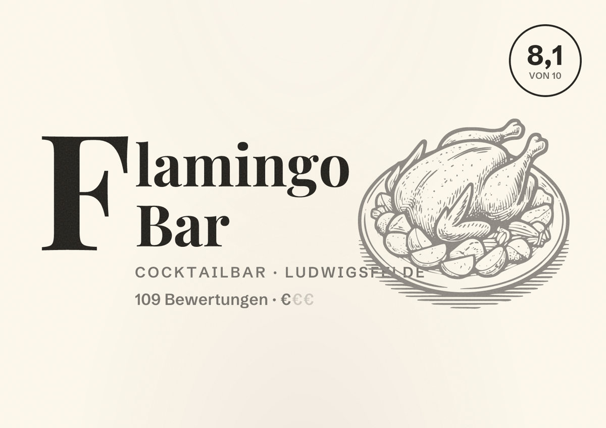 Illustriertes Poster von Flamingo Bar, Cocktailbar in Ludwigsfelde: Bewertung 8,1 von 10 aus 109 Bewertungen, Preisniveau €