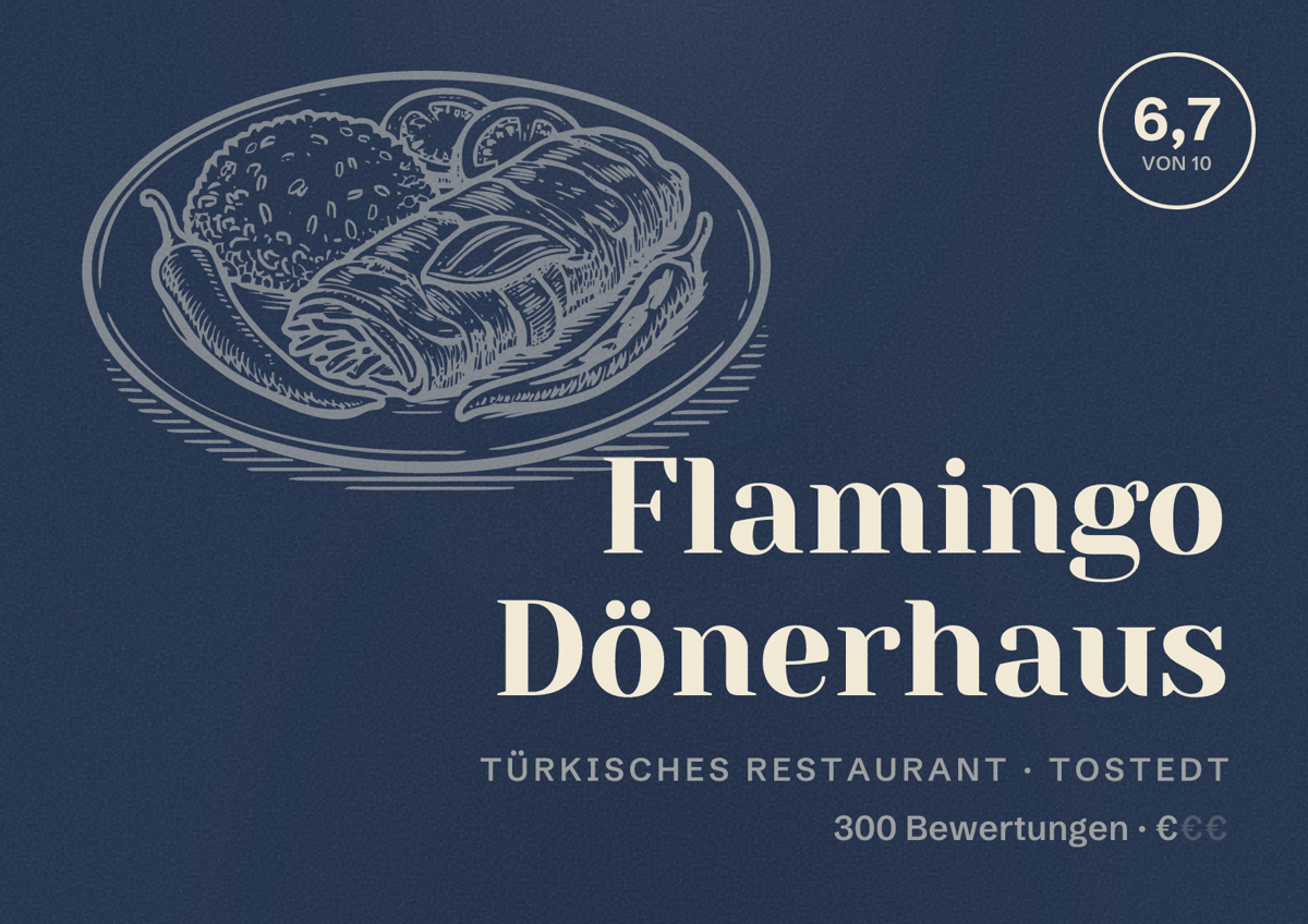 Illustriertes Poster von Flamingo Dönerhaus, Türkisches Restaurant in Tostedt: Bewertung 6,7 von 10 aus 300 Bewertungen, Preisniveau €