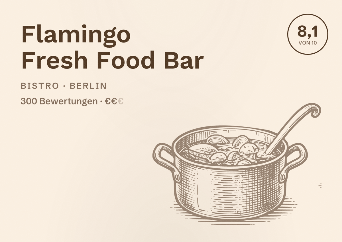 Illustriertes Poster von Flamingo Fresh Food Bar, Bistro in Berlin: Bewertung 8,1 von 10 aus 300 Bewertungen, Preisniveau €€