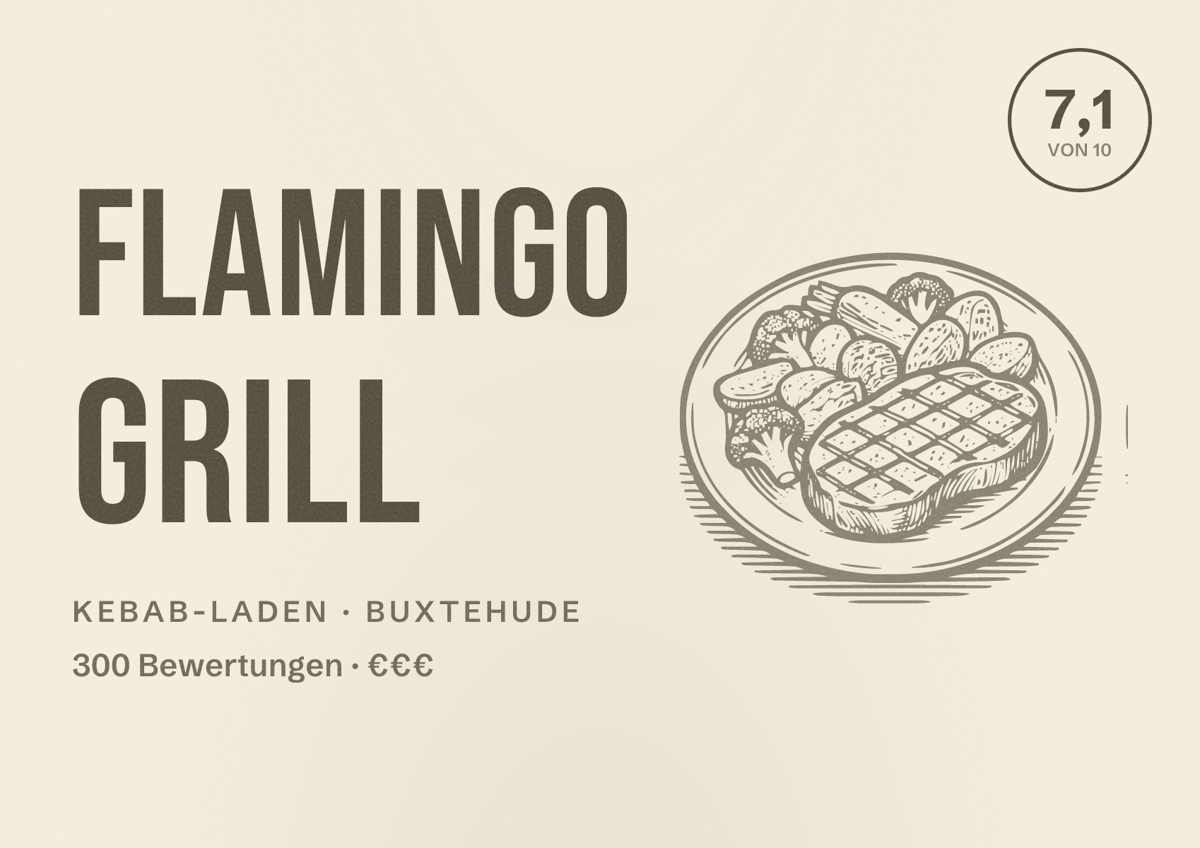 Illustriertes Poster von Flamingo Grill, Kebab-Laden in Buxtehude: Bewertung 7,1 von 10 aus 300 Bewertungen, Preisniveau €€€