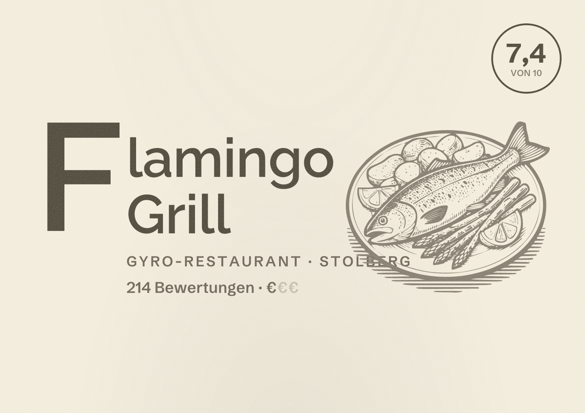 Illustriertes Poster von Flamingo Grill, Gyro-Restaurant in Stolberg: Bewertung 7,4 von 10 aus 214 Bewertungen, Preisniveau €