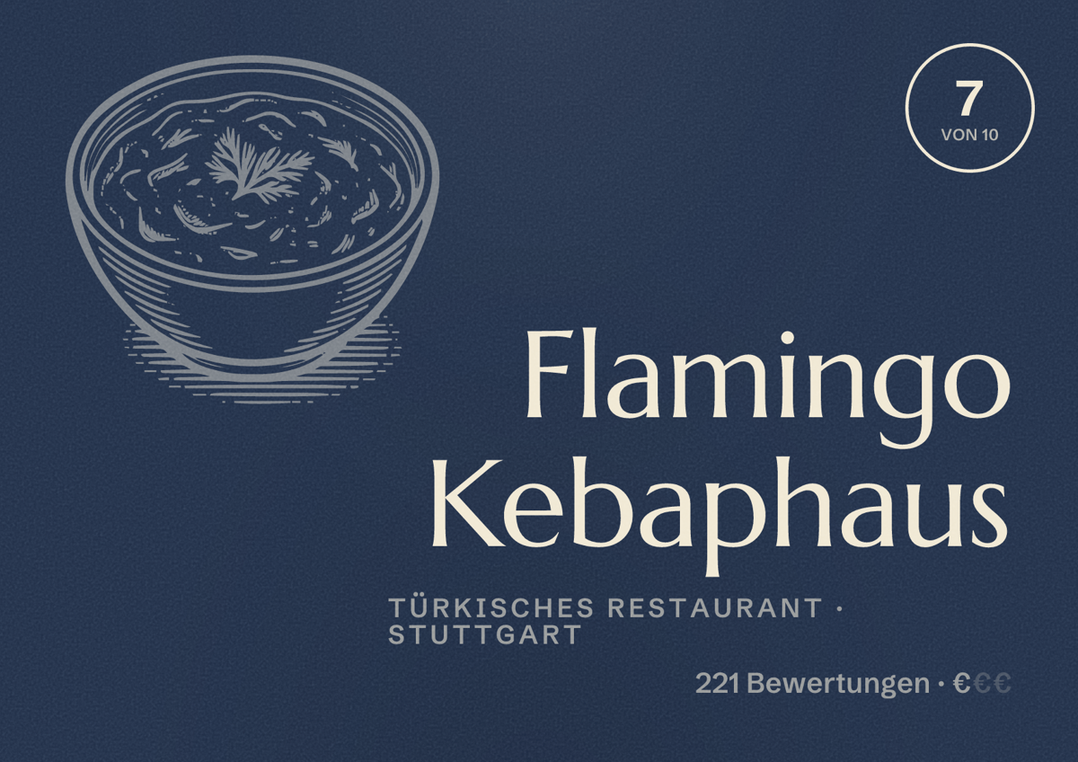 Illustriertes Poster von Flamingo Kebaphaus, Türkisches Restaurant in Stuttgart: Bewertung 7,0 von 10 aus 221 Bewertungen, Preisniveau €