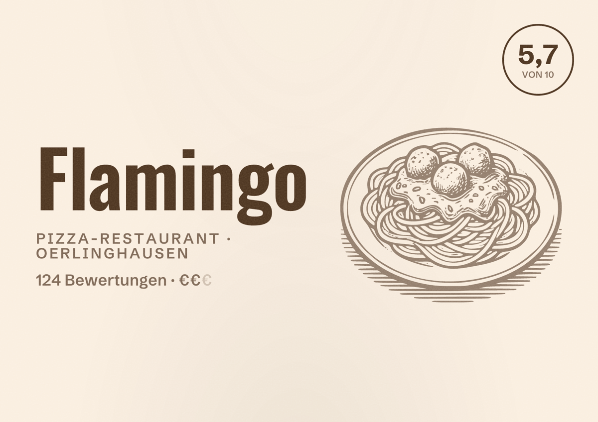 Illustriertes Poster von Flamingo, Pizza-Restaurant in Oerlinghausen: Bewertung 5,7 von 10 aus 124 Bewertungen, Preisniveau €€
