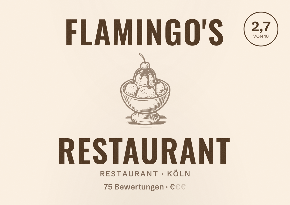 Illustriertes Poster von Flamingo's Restaurant, Restaurant in Köln: Bewertung 2,7 von 10 aus 75 Bewertungen, Preisniveau €