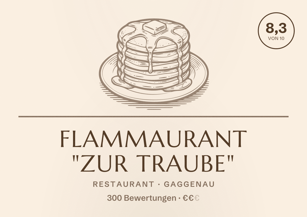 Illustriertes Poster von FLAMMAURANT "Zur Traube", Restaurant in Gaggenau: Bewertung 8,3 von 10 aus 300 Bewertungen, Preisniveau €€