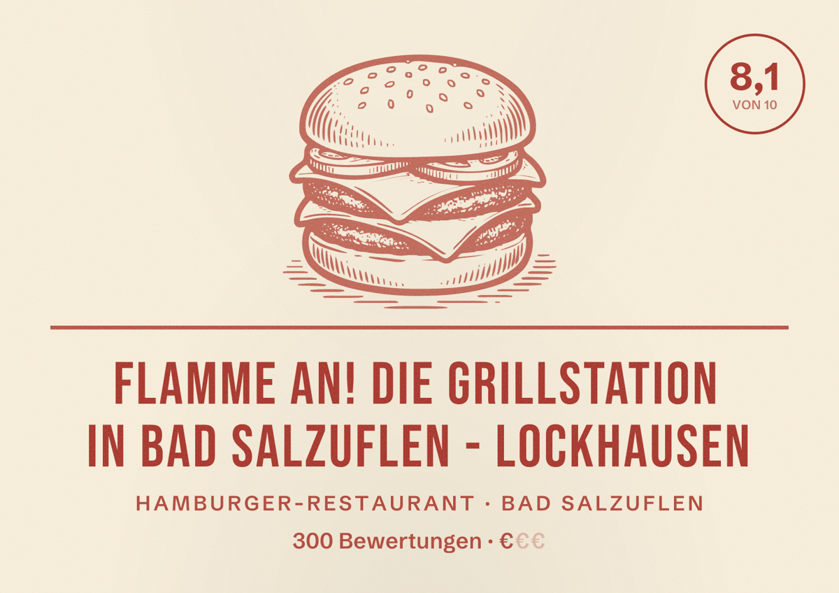 Illustriertes Poster von Flamme AN! Die Grillstation in Bad Salzuflen - Lockhausen, Hamburger-Restaurant in Bad Salzuflen: Bewertung 8,1 von 10 aus 300 Bewertungen, Preisniveau €