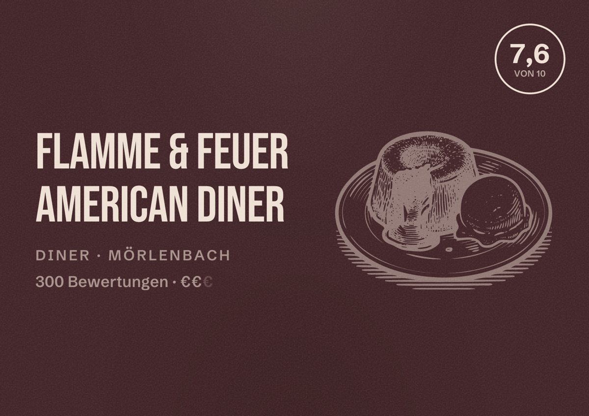 Illustriertes Poster von Flamme & Feuer American Diner, Diner in Mörlenbach: Bewertung 7,6 von 10 aus 300 Bewertungen, Preisniveau €€
