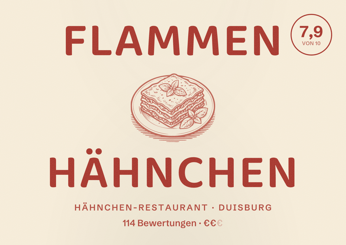 Illustriertes Poster von Flammen Hähnchen, Hähnchen-Restaurant in Duisburg: Bewertung 7,9 von 10 aus 114 Bewertungen, Preisniveau €€