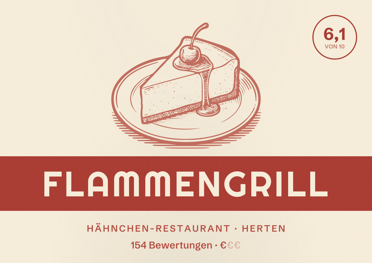 Illustriertes Poster von Flammengrill, Hähnchen-Restaurant in Herten: Bewertung 6,1 von 10 aus 154 Bewertungen, Preisniveau €